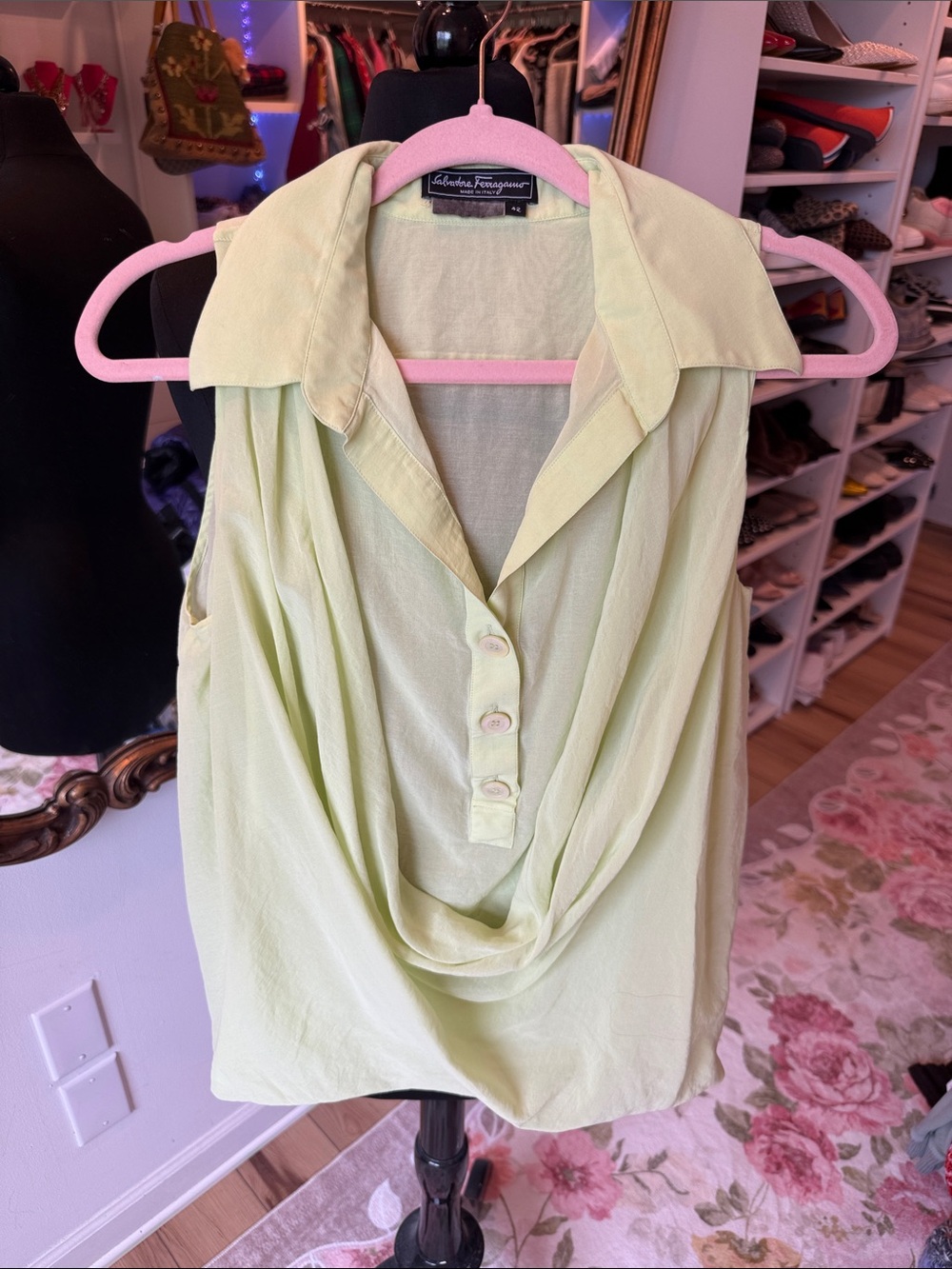 Salvatore Ferragamo Light Green Sleeveless Button Placket Top